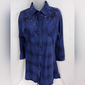 2/$30 AMERICAN RAG Studded Blue & Black Plaid Western Button Down Tunic (#1,287)